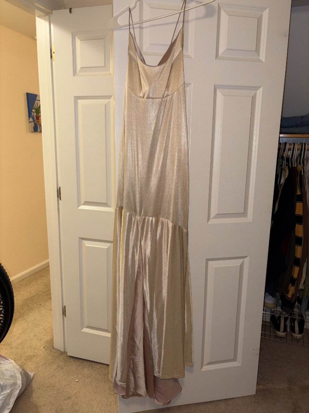 Revelry Champagne Satin Maxi Dress with a Cowl Neck & Lace Up Back